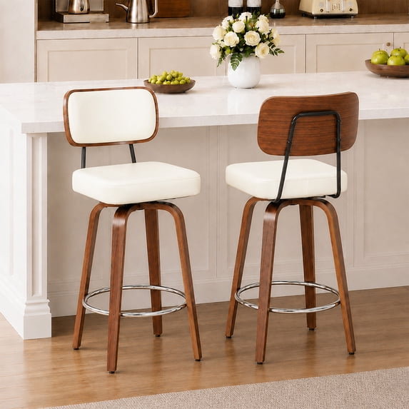 CRERIYO 360° Swivel Counter Height Bar Stools Set of 2, PU Leather Upholstered Bar Chairs with Bentwood Legs and Backrest for Kitchen Island, White