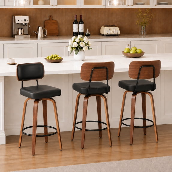 CRERIYO 360° Swivel Counter Height Bar Stools Set of 3, PU Leather Upholstered Bar Chairs with Bentwood Legs and Backrest for Kitchen Island, Black