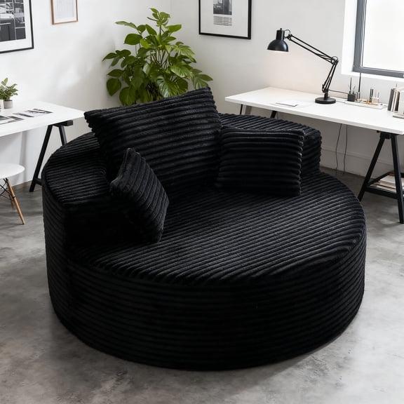 CRERIYO 55 in Oversized Round Chair Lounge Chaise, Upholstered Corduroy Chair with 3 Pillows, No Assembly Required, Boneless Couch for Living Room Bedroom, Black