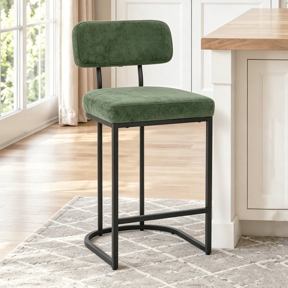 CRERIYO Counter Height Bar Stool Set of 1, Upholstered Kitchen Island Chair with Thick Padded Seats, Backrests and Sturdy Metal Frame, Green