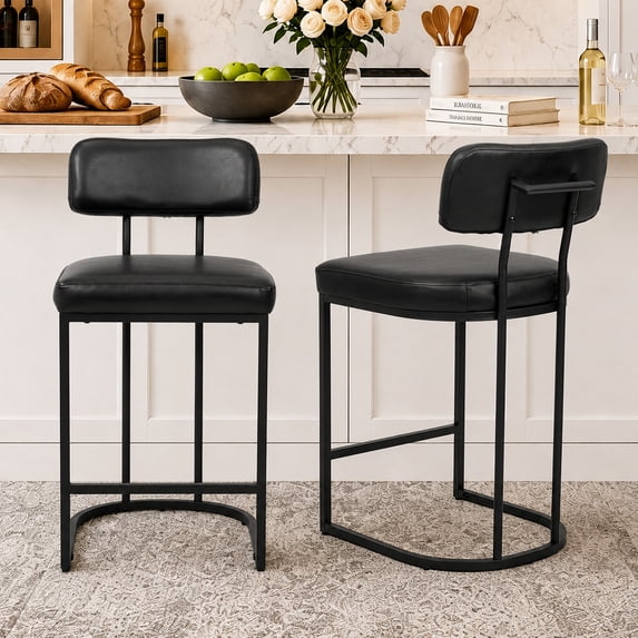 CRERIYO Counter Height Bar Stools Set of 2, Upholstered Kitchen Island Chairs with Thick Padded Seats, Backrests and Sturdy Metal Frame, Black