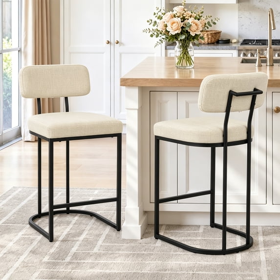 CRERIYO Counter Height Bar Stools Set of 2, Upholstered Kitchen Island Chairs with Thick Padded Seats, Backrests and Sturdy Metal Frame, Linen