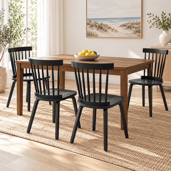 CRERIYO Solid Wood Windsor Dining Chairs, Set of 4, Spindle Back Kitchen Chairs with H-Style Legs, Classic Farmhouse Dining Room Chairs, Black