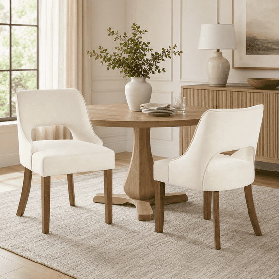 CRERIYO Upholstered Dining Chair Set of 2, Linen Fabric Seat with Wood Legs and Cutout Back, Modern Armless Kitchen Dining Room Furniture, Beige