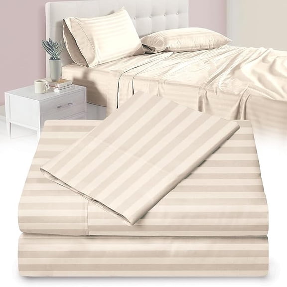 CRESCENT BEDDING Microfiber Double Brushed Sheet Set - Extra-Soft & Wrinkle-Free - 15" Deep Pockets- 3 PC Set (Twin XL, Damask Ivory Stripe)