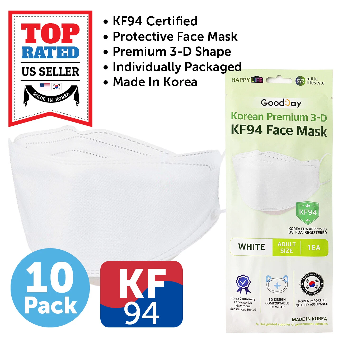 CRESTIN- 10 Pack Kf94 White Protective Face Mask Adult Made In Korea Kfda Approved