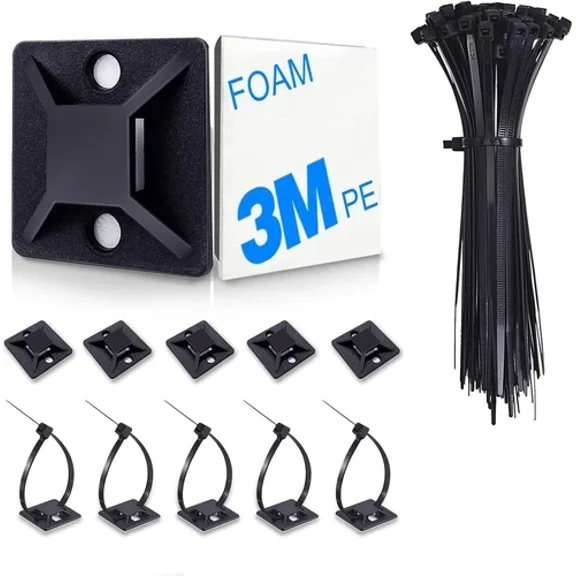 CRESTIN- 100 Cable Ties And Adhesive Mounts Complete Cable Management Set Black