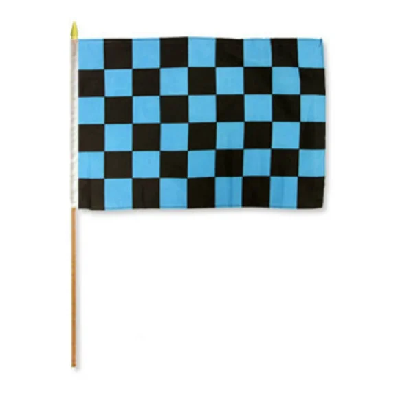 CRESTIN- 12X18 12"X18" Wholesale Lot Of 3 Black Blue Checkered Stick Flag Wood Staff
