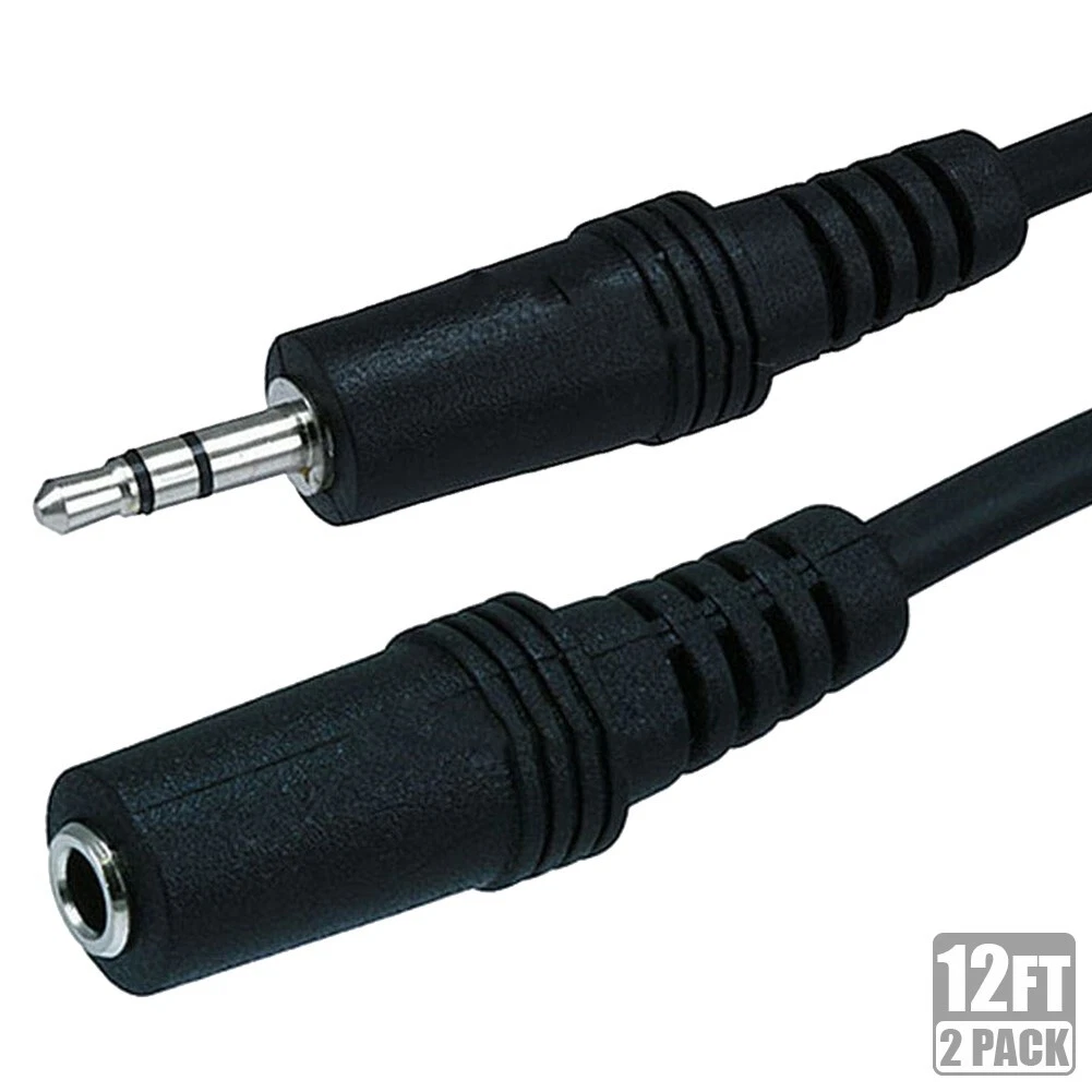 CRESTIN- 2 Pcs 12Ft 3.5Mm 1/8" Male To Female Trs Stereo Audio Cable Extension Cord Black