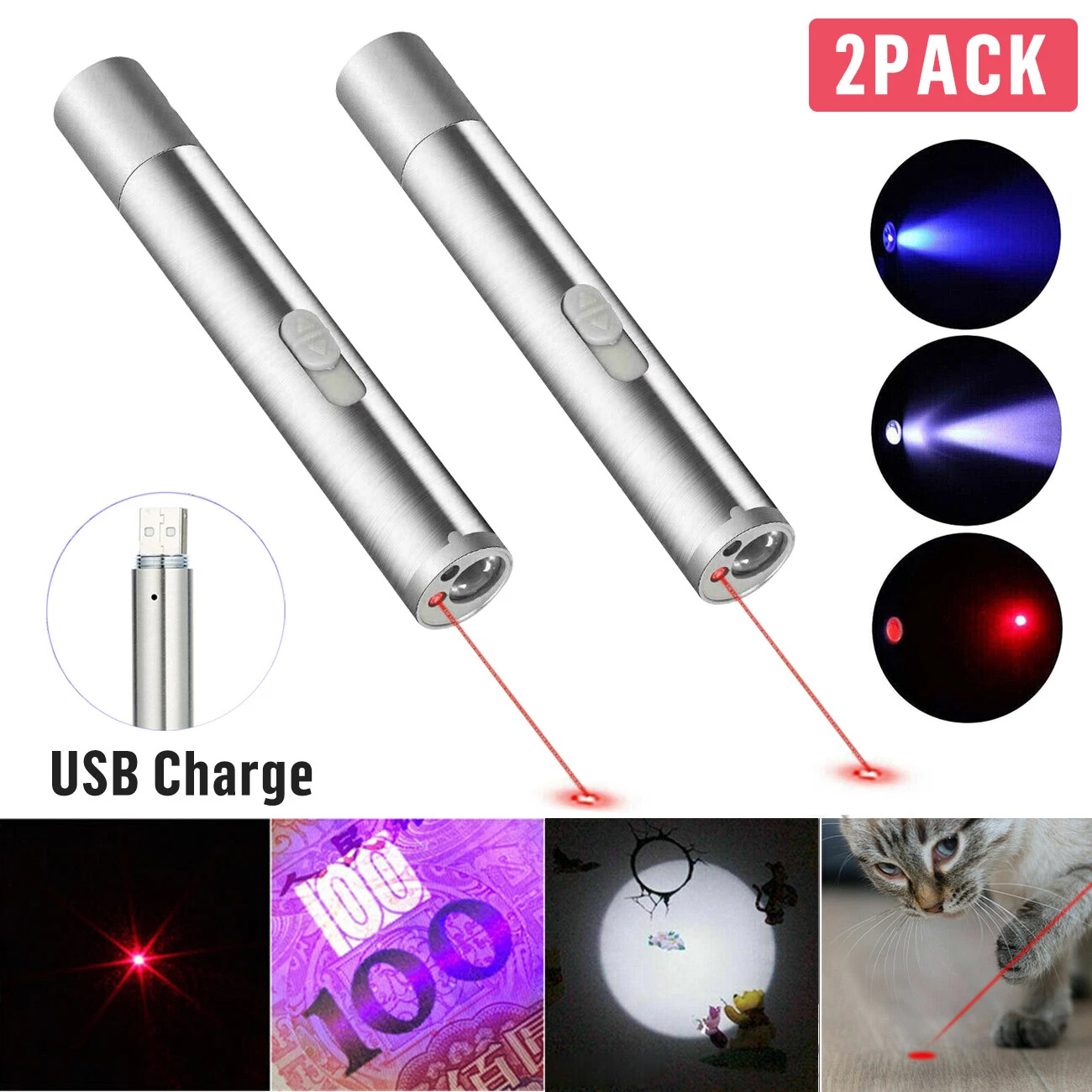 CRESTIN- 2Pcs Cat Dog Toy Red Laser Pointer Pen Usb Rechargeable Led Light Uv Flashlight