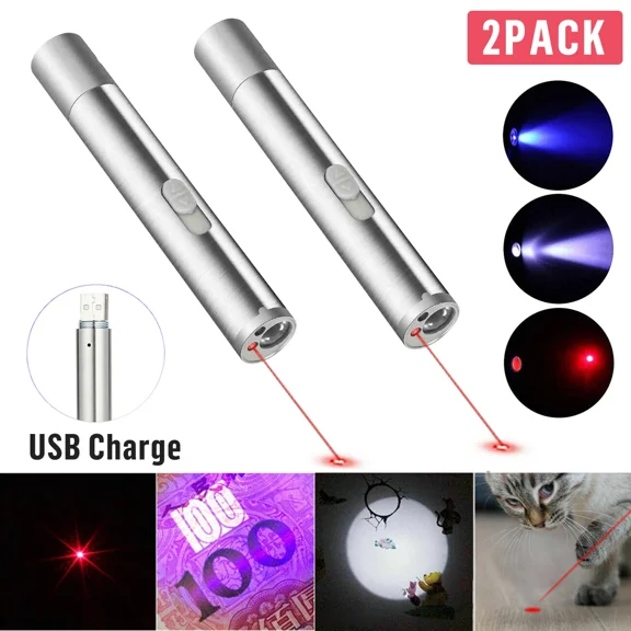 CRESTIN- 2Pcs Cat Dog Toy Red Laser Pointer Pen Usb Rechargeable Led Light Uv Flashlight
