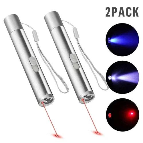 CRESTIN- 2Pcs Red Laser Pointer Pen Usb Rechargeable 3In1 Flashlight 1Mw Uv Light Pet Toy