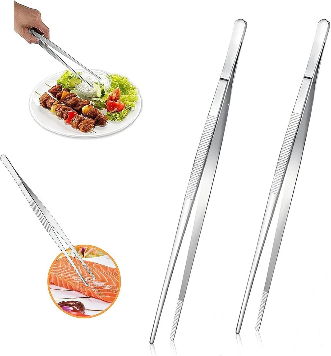 CRESTIN- 2Pcs Stainless Steel Kitchen Tweezers, 10-Inch Culinary Fine Tweezer Tongs Food