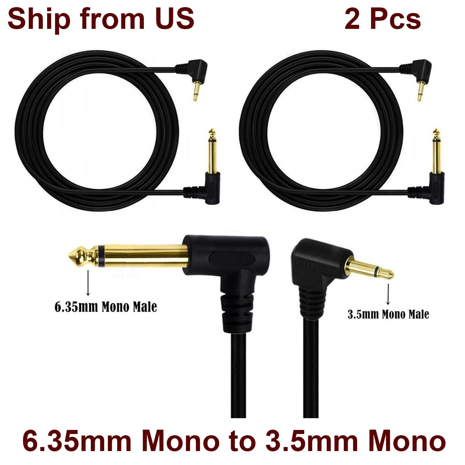 CRESTIN- 2X 6.35Mm 1/4" Male To 3.5Mm 1/8" Ts Mono Male Angle Adapter Audio Guitars Cable