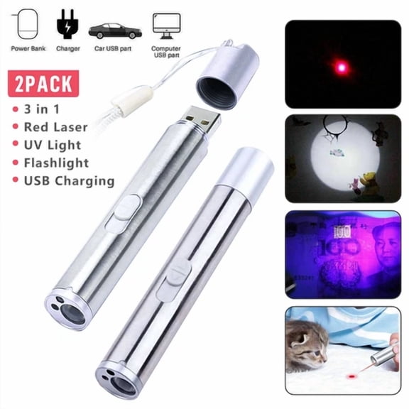 CRESTIN- 2X Mini Led Torch 650Nm Rechargeable Red Laser Pointer Pen Uv Light Pet Cat Toys
