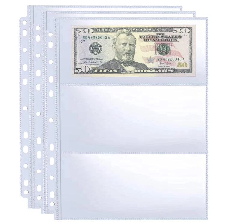 CRESTIN- 30 Sheets Currency Pages 3 Pockets Paper Money Protectors For 3 Ring Binders