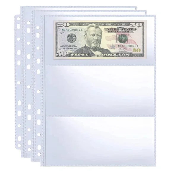 CRESTIN- 30 Sheets Currency Pages 3 Pockets Paper Money Protectors For 3 Ring Binders