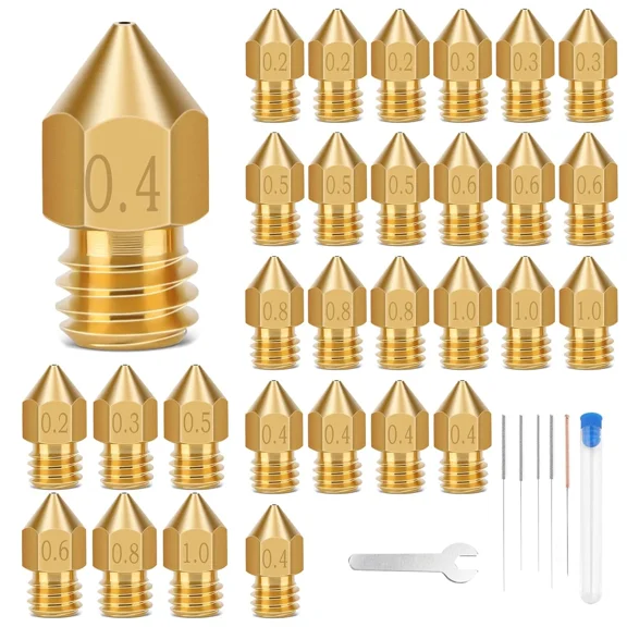 CRESTIN- 30Pcs Brass 3D Printer Nozzles Mk8 Ender 3 Cr10 Set High Temp Wear Resistant Kit