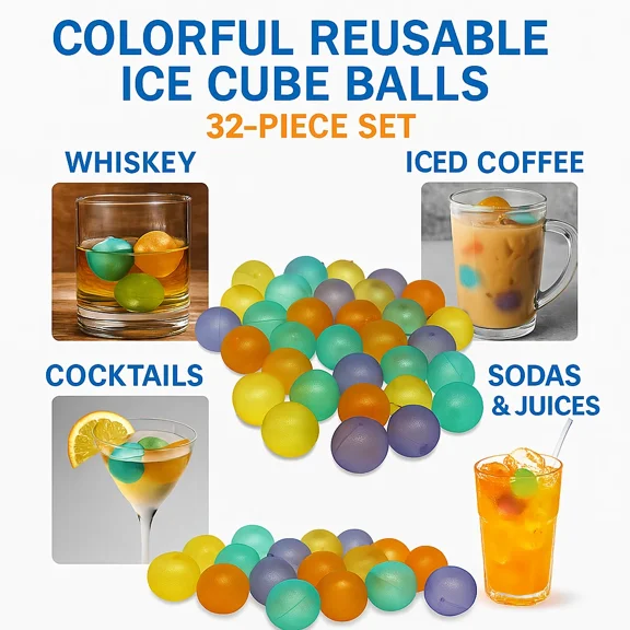 CRESTIN- 32-Piece Reusable Ice Cube Balls Non-Diluting Spherical Ice Molds For Drinks