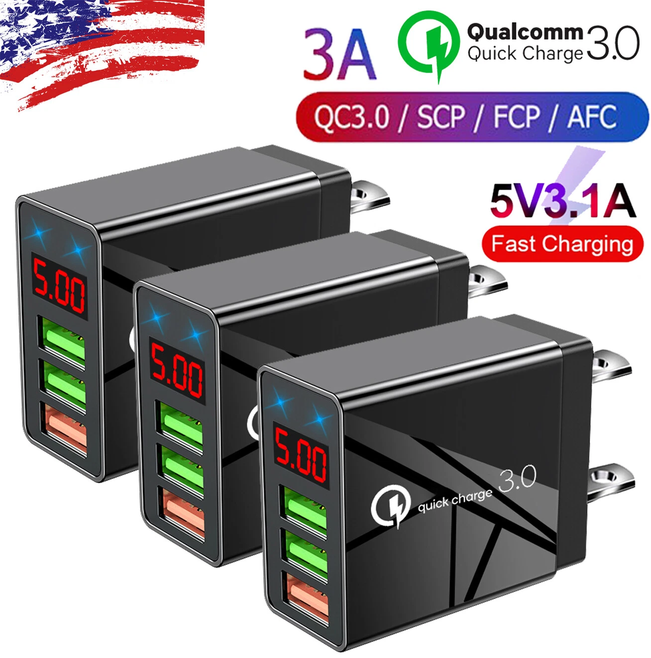 CRESTIN- 3Pack 3 Port Fast Quick Qc 3.0 Usb Hub Wall Charger Power Charge Adapter Us Plug