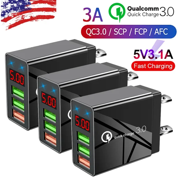 CRESTIN- 3Pack 3 Port Fast Quick Qc 3.0 Usb Hub Wall Charger Power Charge Adapter Us Plug