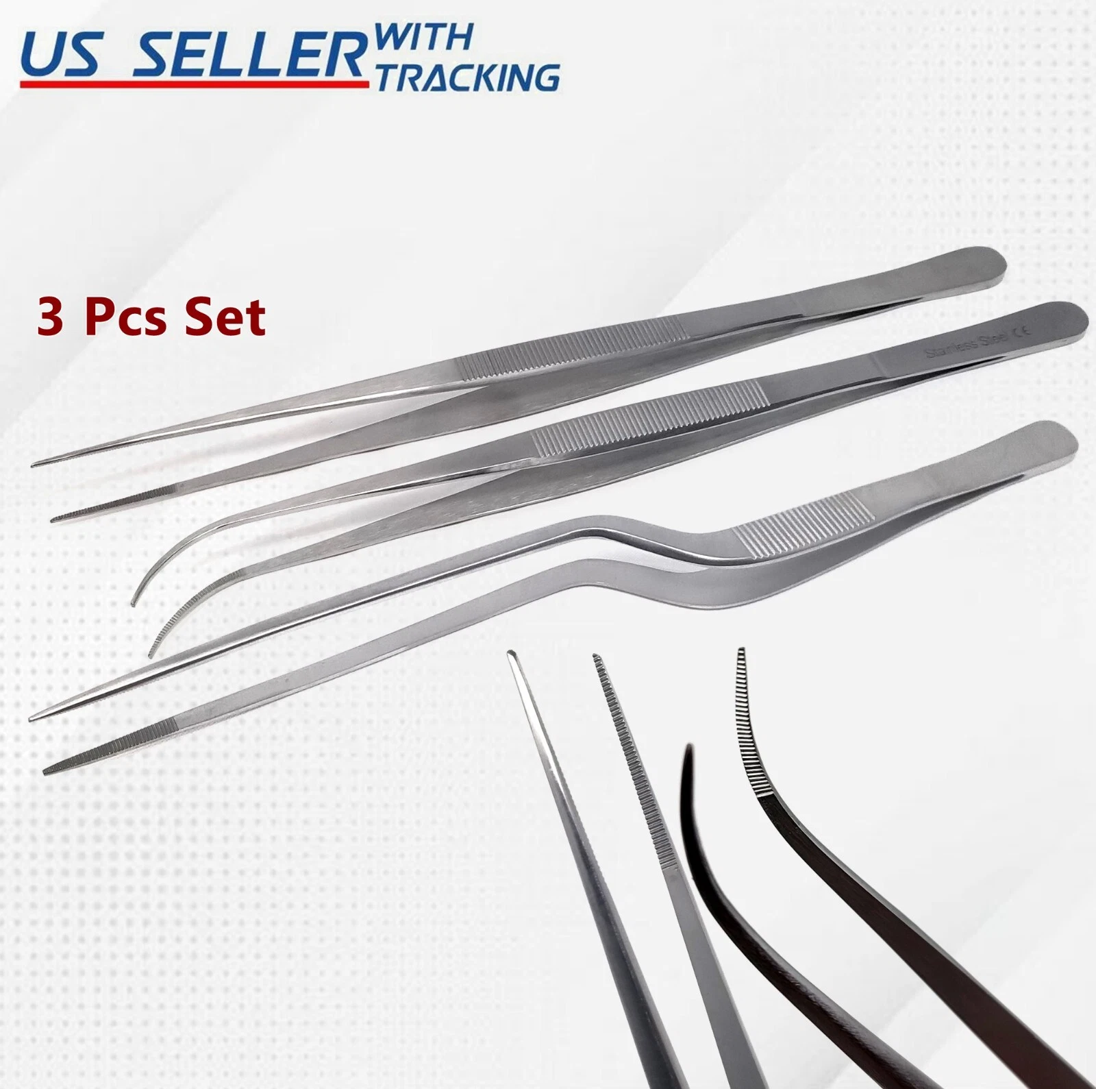 CRESTIN- 3X Chef Plating Tweezers Tongs Serving Presentation Precision Serrated Jaws - 8"