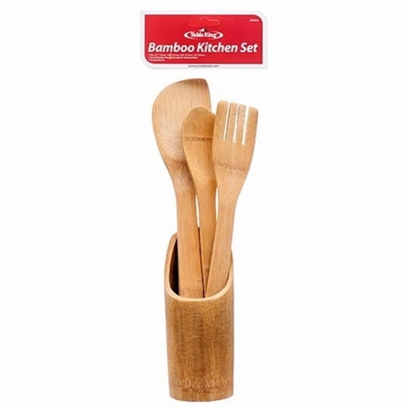CRESTIN- 4Pc Natural Bamboo Wooden Kitchen Tools Utensils Spoon Fork Cooking Set W/Holder