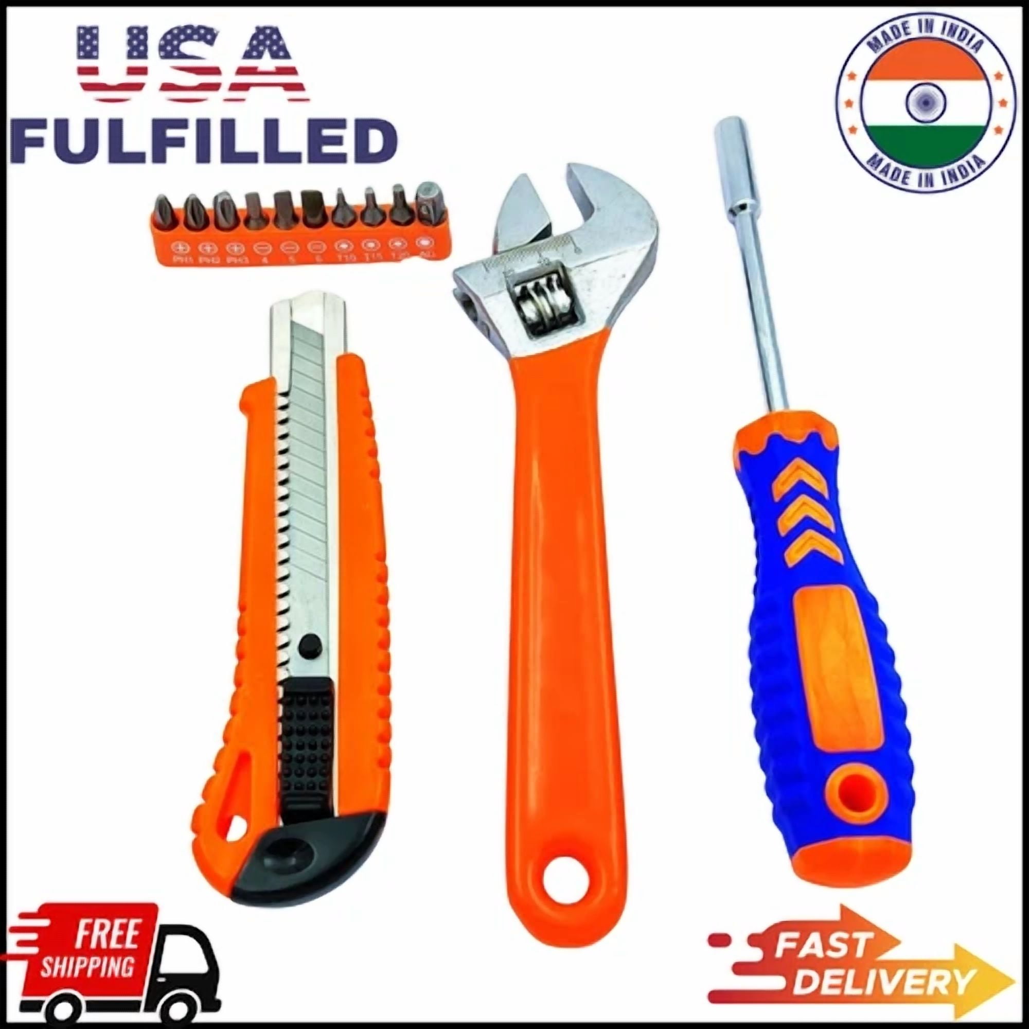 CRESTIN- 4Pcs Of Retractable Utility Knife,Adjustable Wrench&10Pcs Multi-Bits-Usa Fulfill