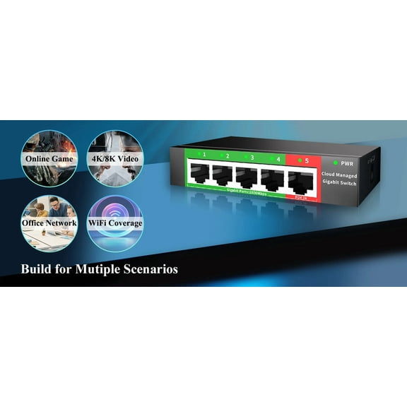 CRESTIN- 5-Port Gigabit Ethernet Switch, Vlan/Qos, Poe, Metal, Plug & Play