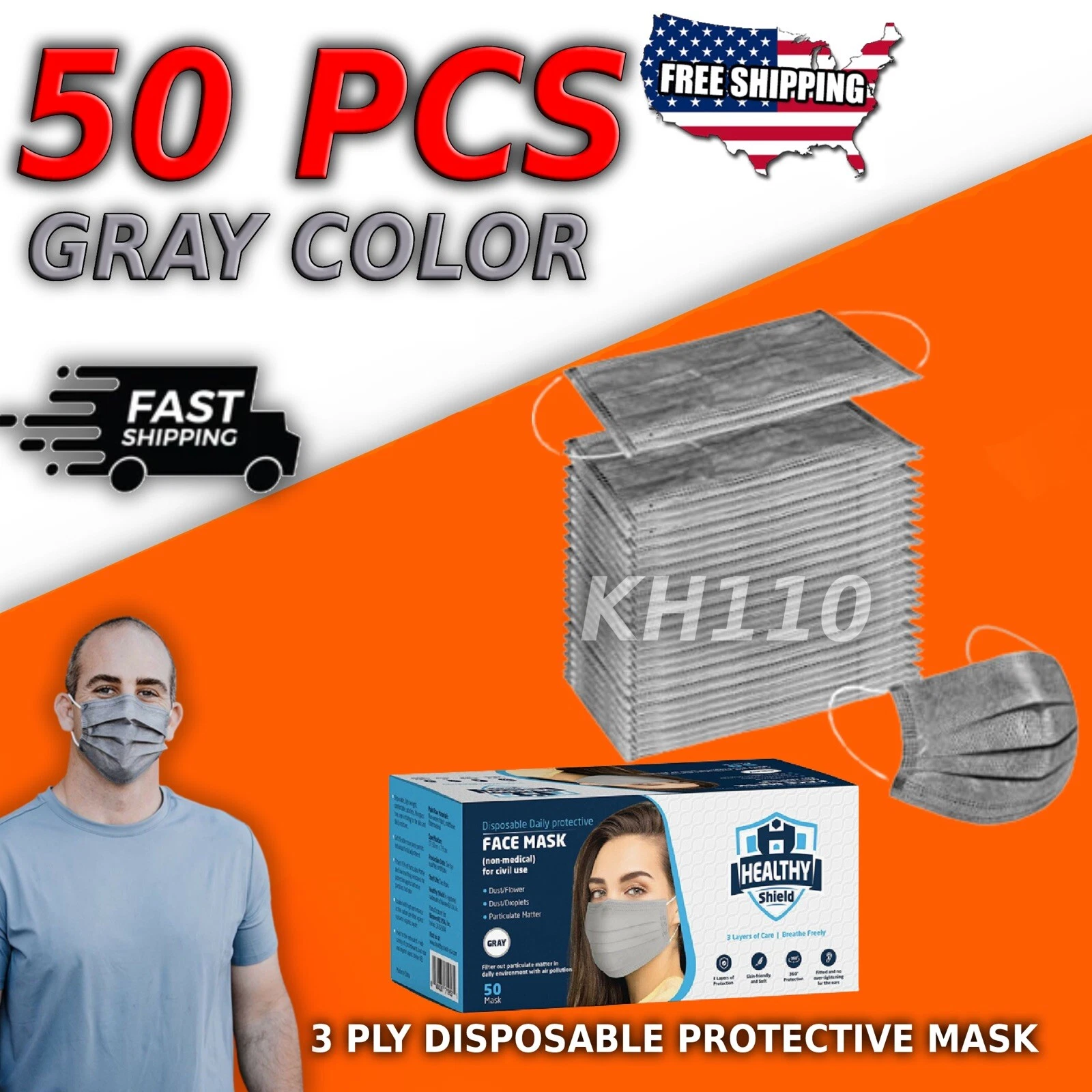 CRESTIN- 50 Pcs Face Mask Non Medical Surgical Disposable 3-Ply Ear Loop Mouth Cover-Gray