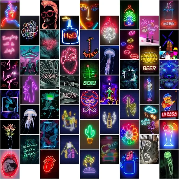 CRESTIN- 50 Pcs Neon Photo Collage Kit For Wall Aesthetic,Neon Posters Wall Decor (4X6")