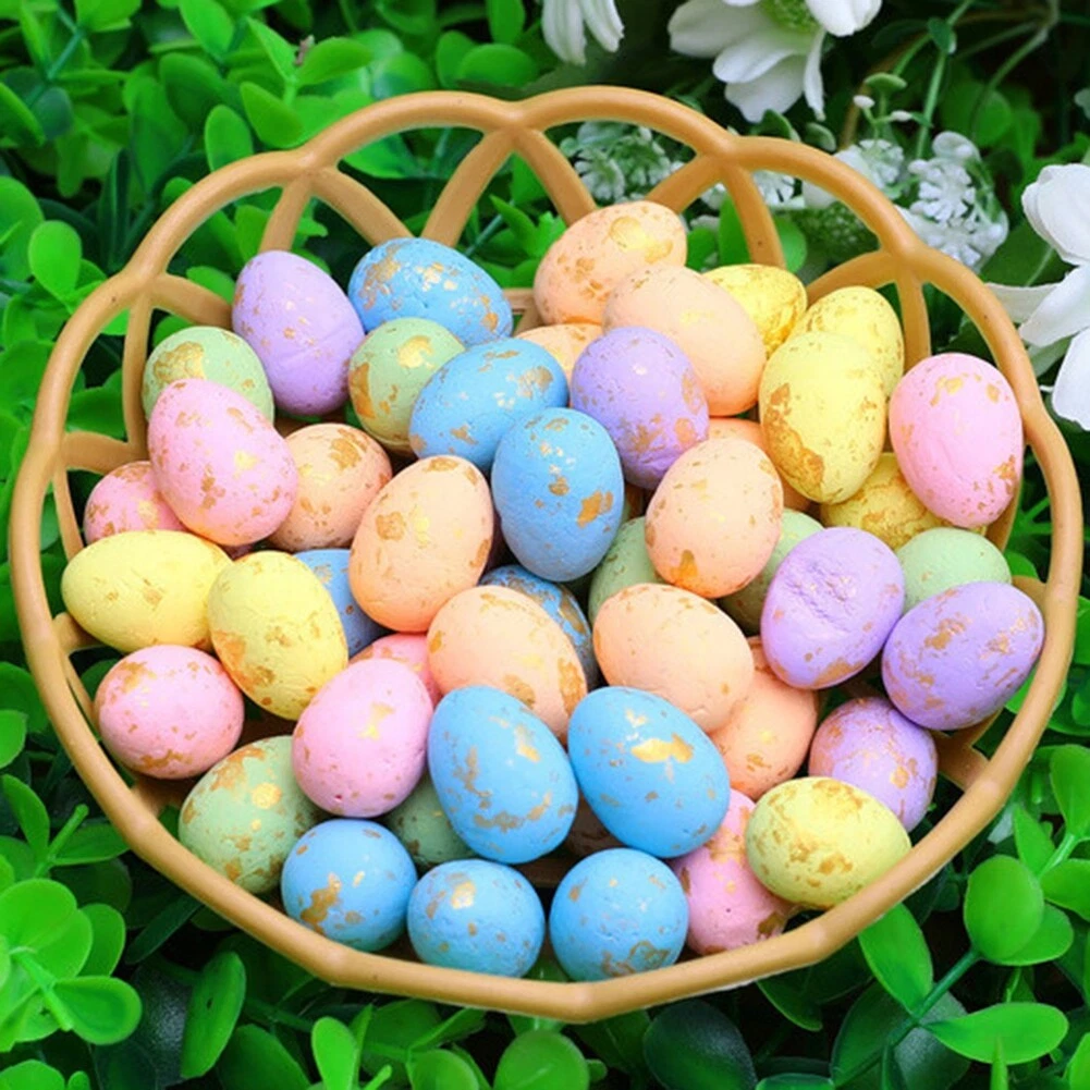 CRESTIN- 50Pcs Artificial Easter Eggs Colorful Foam Eggs Ornaments With Basket Home Decor