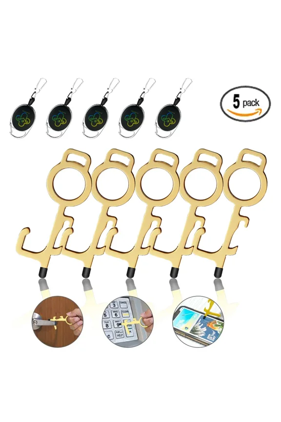 - 5Pcs Clean Key Door Opener Handheld Brass Edc Keychain No Touch Hand Tool