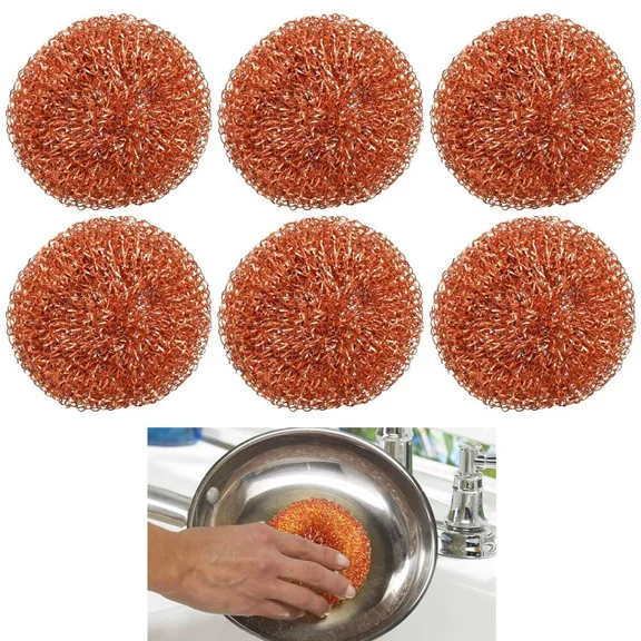 CRESTIN- 6 Pc 100% Copper Scrubber Pads Scourer Wire Wool Scrub Pan Scouring Dish Cleaner