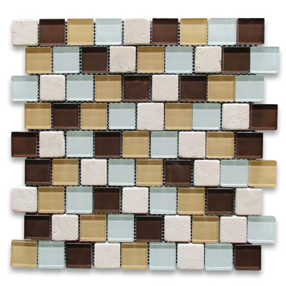CRESTIN- A23001 Glass Mosaic Tile White Brown Yellow Glass Beige Travertine Backsplash