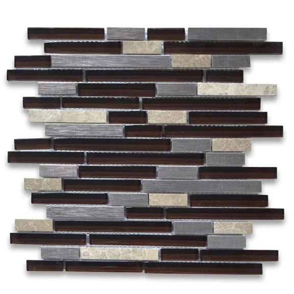CRESTIN- A76008 Glass Mosaic Tile Dark Brown Emperador Light Marble Stainless Steel