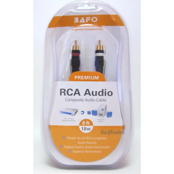 CRESTIN- Bafo Premium 24K Gold Plated L/R Rca Stereo Audio Cable 6' 6Ft Retail Pack