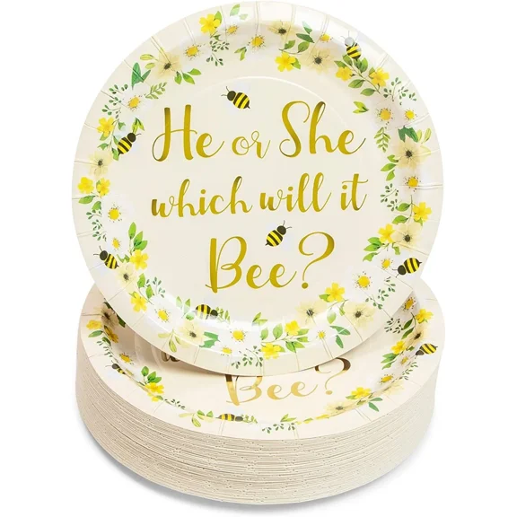 CRESTIN- Bee Paper Plates For Gender Reveal Party (7 In, 48 Pack)