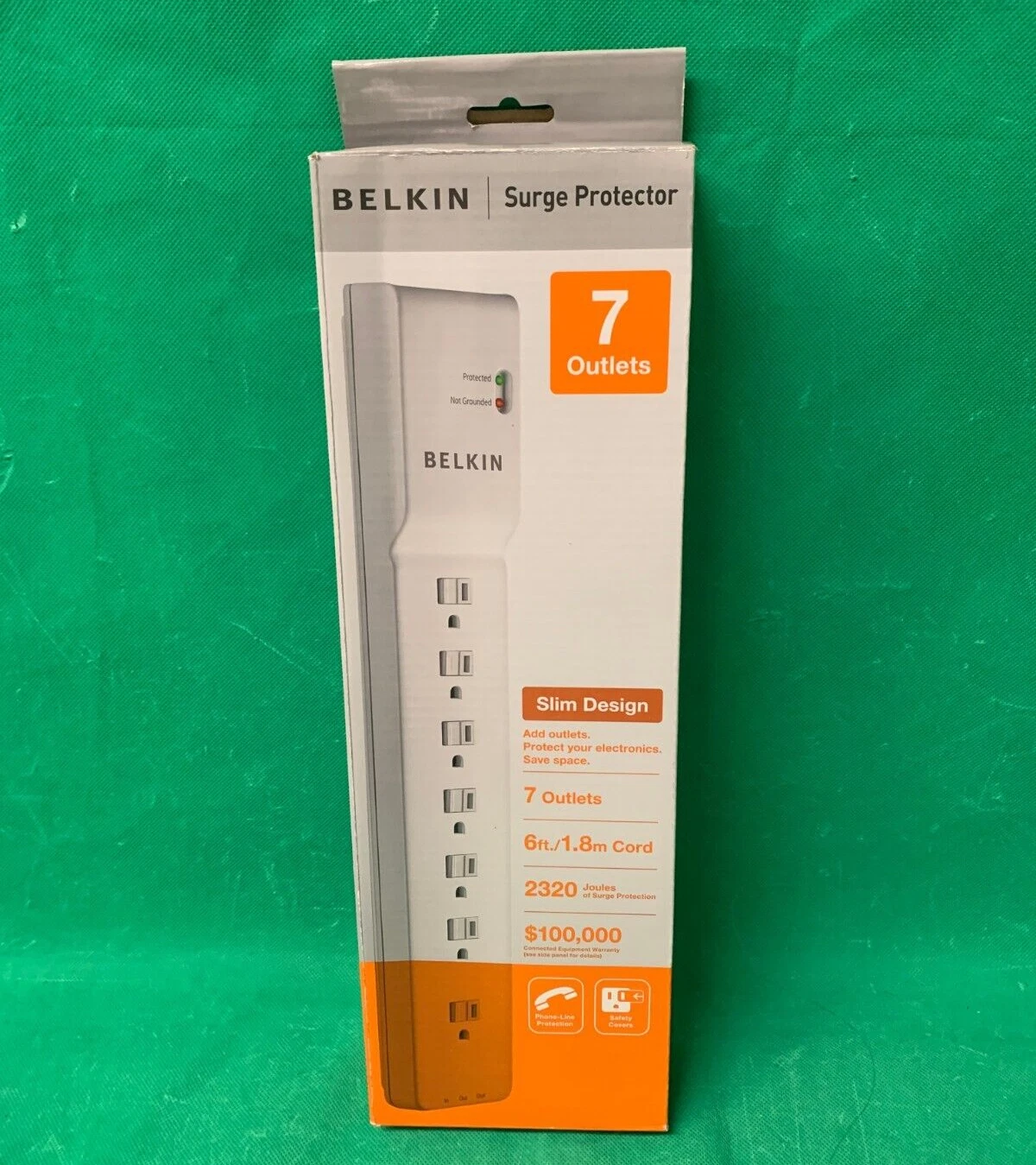 CRESTIN- Belkin 7 Outlets Slim Design 6 Ft. 1.8M Cord Surge Protector - New