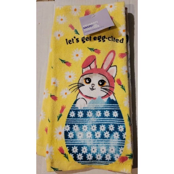 CRESTIN- Celebrate Easter Together Yellow Lets Get Egg-Cited Cat 2 Pk Kitchen Towels
