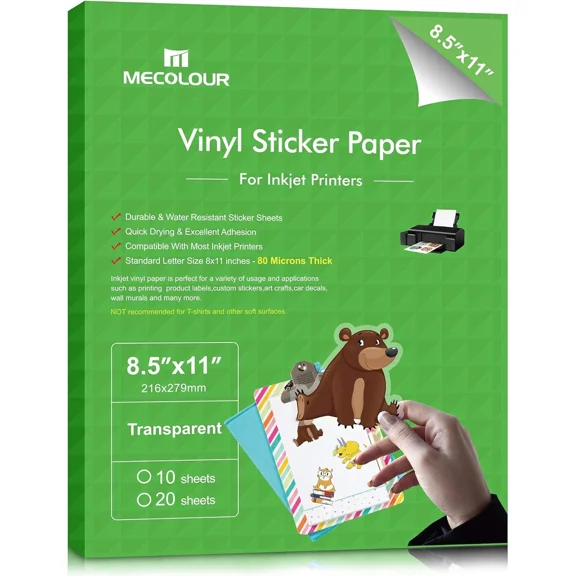 CRESTIN- Clear Sticker Paper For Inkjet Printer -95% Transparent 8.5X11 Inch Vivid Colors