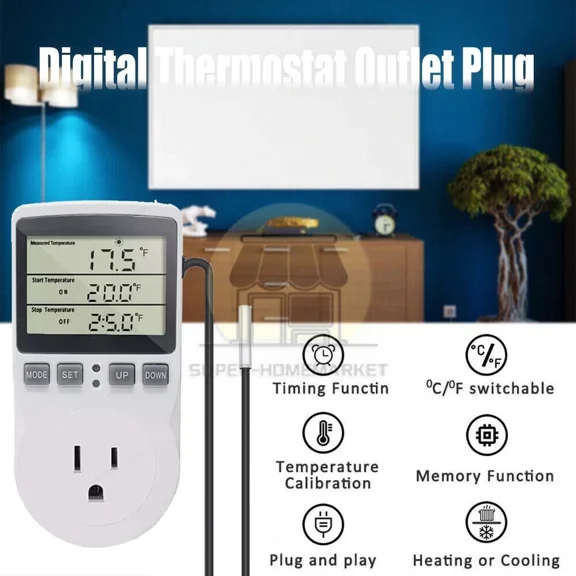CRESTIN- Digital Thermostat Outlet Plug Temperature Controller Heating Cooling With Probe
