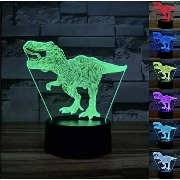 CRESTIN- Dinosaur Night Light T-Rex 3D Illusion 7 Colors Changing Lamp With Black Base
