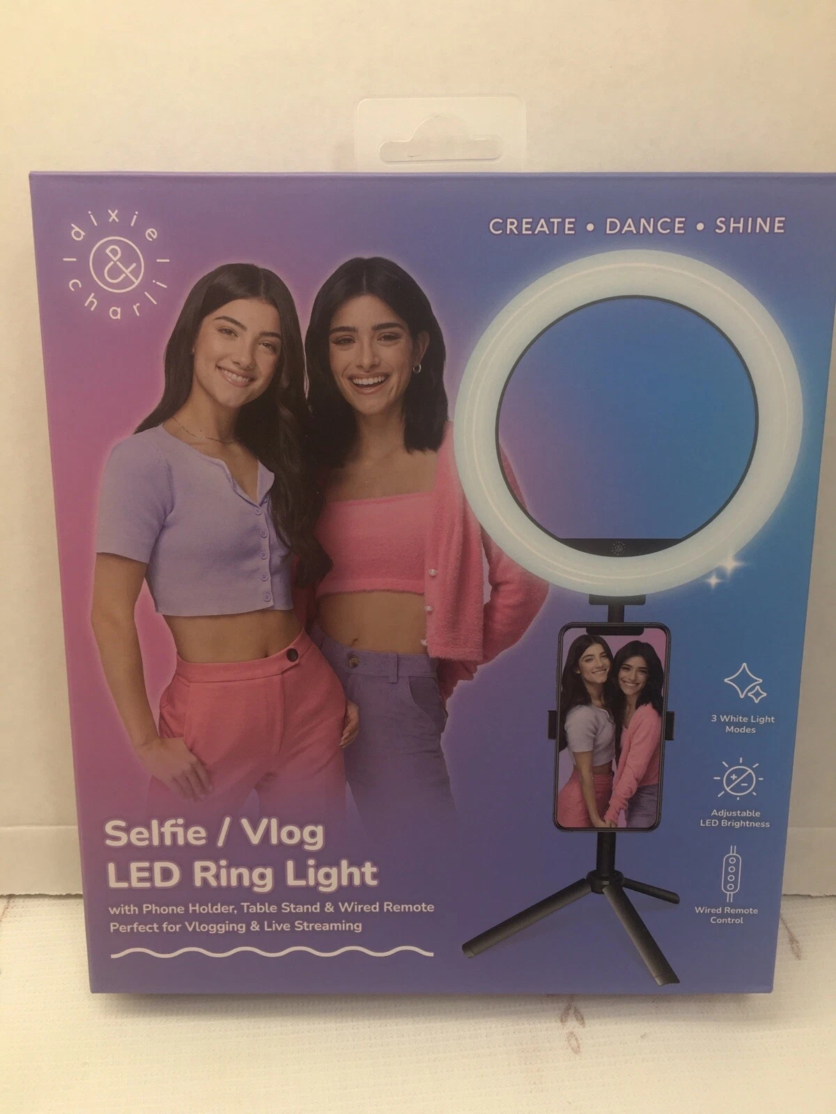 CRESTIN- Dixie & Charli Selfie / Vlog Led Ring Light W Table Stand & Wired Remote Nib