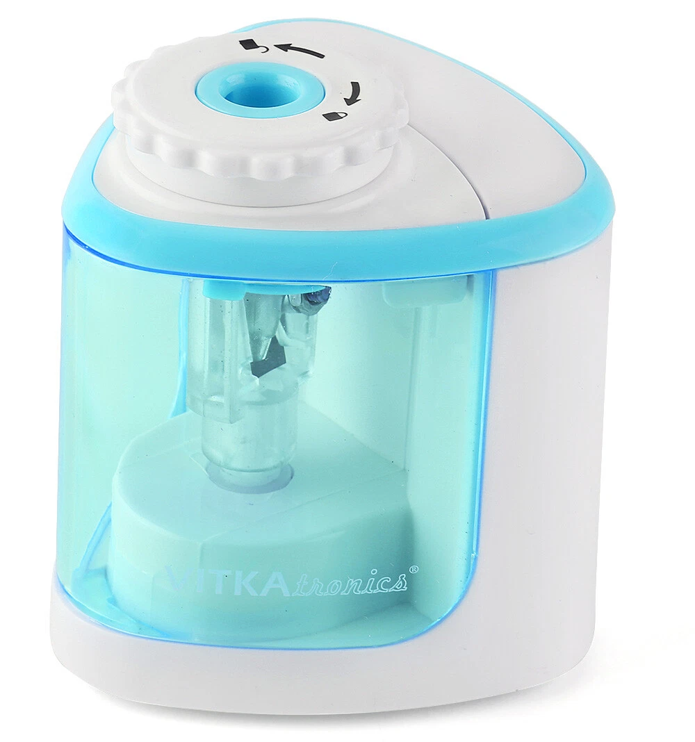 CRESTIN- Electric Battery-Powered Handheld Pencil Sharpener (White/Blue) With Batteries