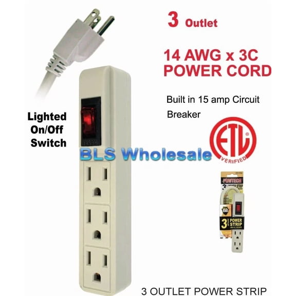 CRESTIN- Electrical 3 Outlet Power Strip Ac Wall Plug Electric Splitter With Power Switch