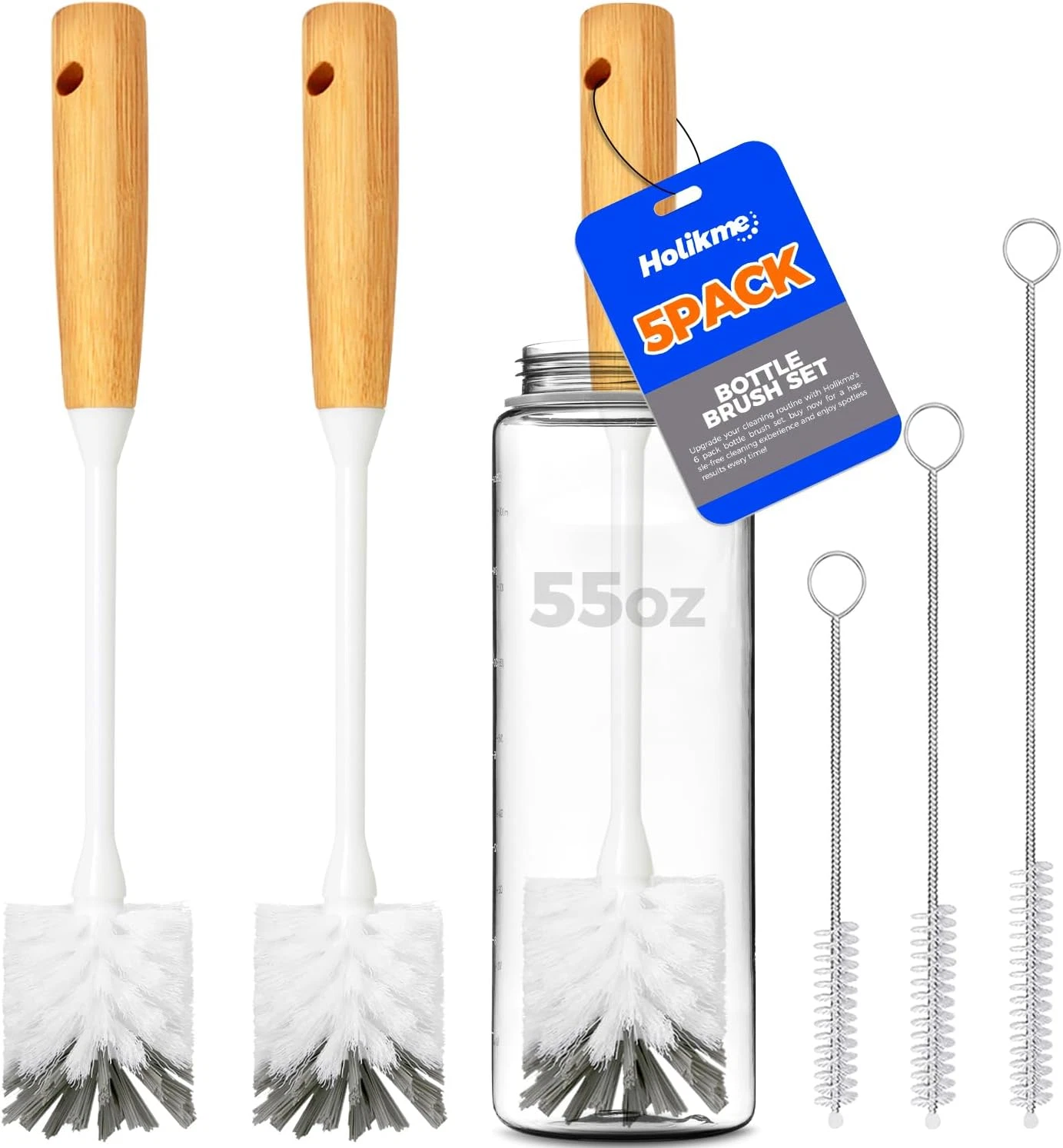 CRESTIN- Holikme 5 Pack Bottle Brush Cleaner Set, 14" Bamboo Handle Bottle Cleaner Brush,