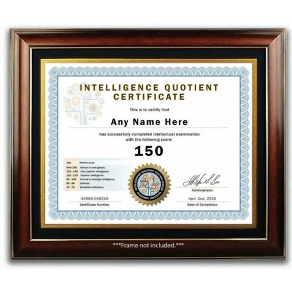 CRESTIN- Iq Test Score Certificate - Gag Joke Fun Prank Gift Retirement - Birthday Party