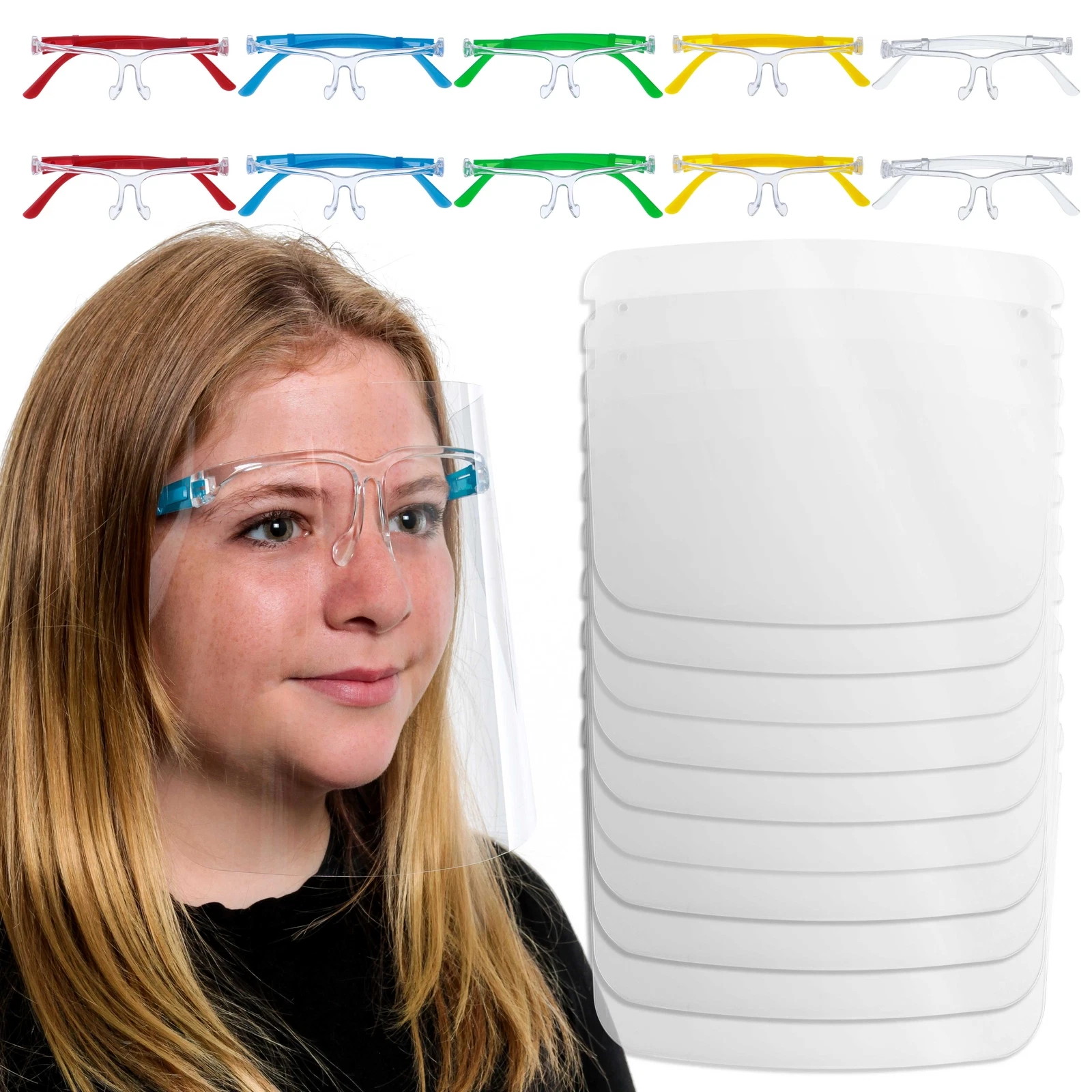 CRESTIN- Kids Protective Full Face Shields With Glasses Frames (Pack Of 10) - 5 Colors
