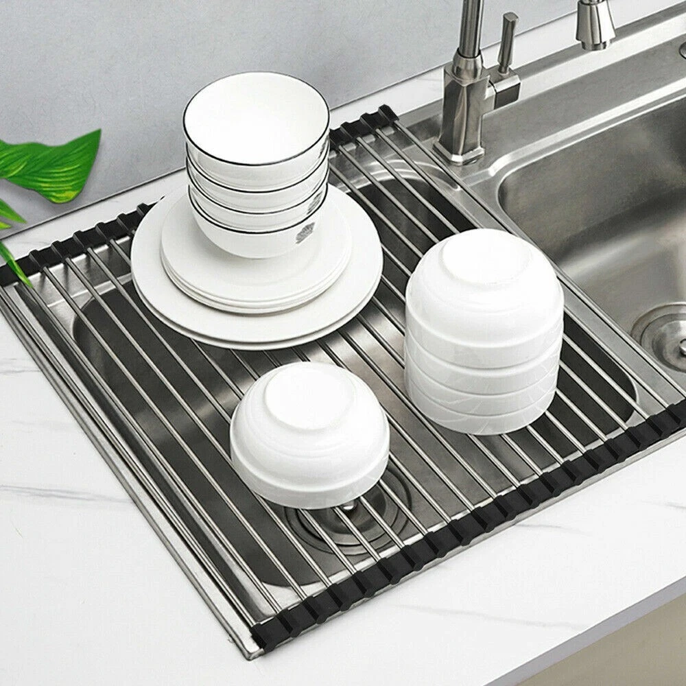 CRESTIN- Kitchen Over The Sink Drying Rack Dish Food Drainer Stainless Steel Roll Up Gray